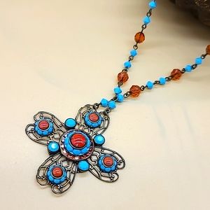 Liz Palacios SF Turquoise & Coral Swarovski Crystal & Bead Pendant 🌼